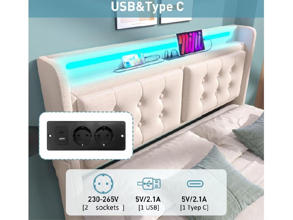 Vente Unique Lit Coffre 140x200cm En Tissu Lin - Avec LED Et Ports De Recharge - Beige