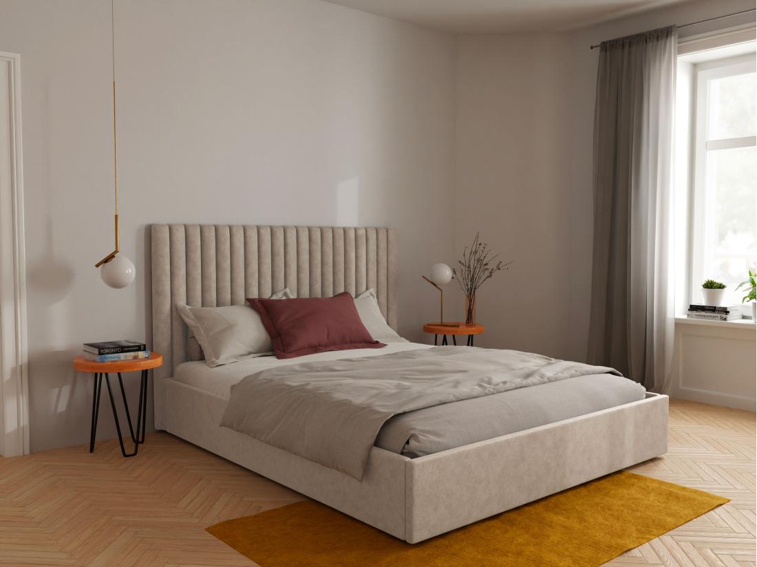 vente unique Lit coffre 160 x 200 cm avec tête de lit coutures verticales - Tissu - Taupe - SARAH