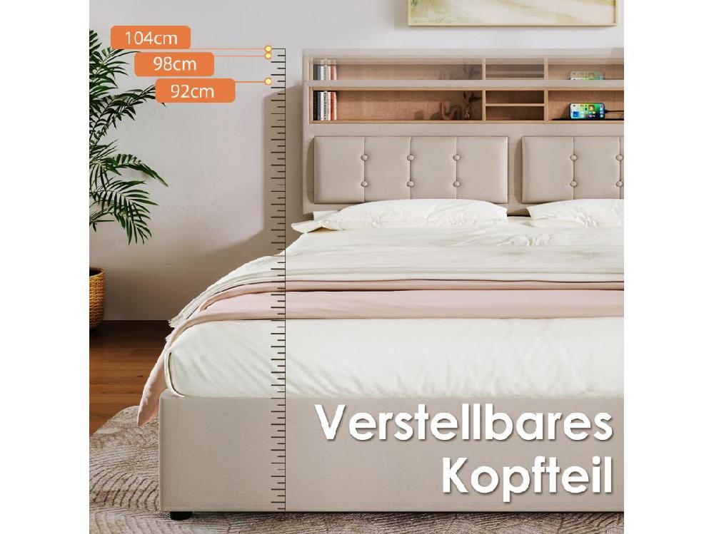 Vente Unique Lit Coffre 160x200 Cm En Tissu Lin - Tête De Lit Réglable Avec Prises - Avec Sommier à Lattes - Beige