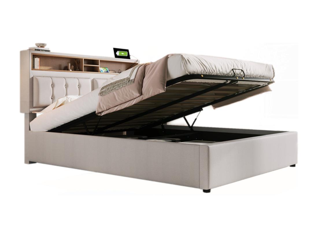 Vente Unique Lit Coffre 160x200 Cm En Tissu Lin - Tête De Lit Réglable Avec Prises - Avec Sommier à Lattes - Beige