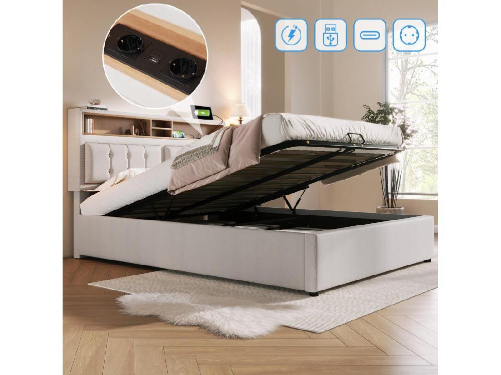 vente unique Lit coffre 160x200 cm en tissu lin - tête de lit réglable avec prises - avec sommier à lattes - Beige