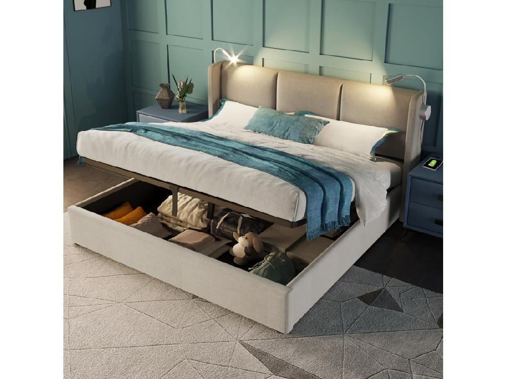 Vente Unique Lit Coffre 160x200cm En Lin - Avec Lampes De Lecture Et Ports De Charge USB - Avec Sommier à Lattes - Beige