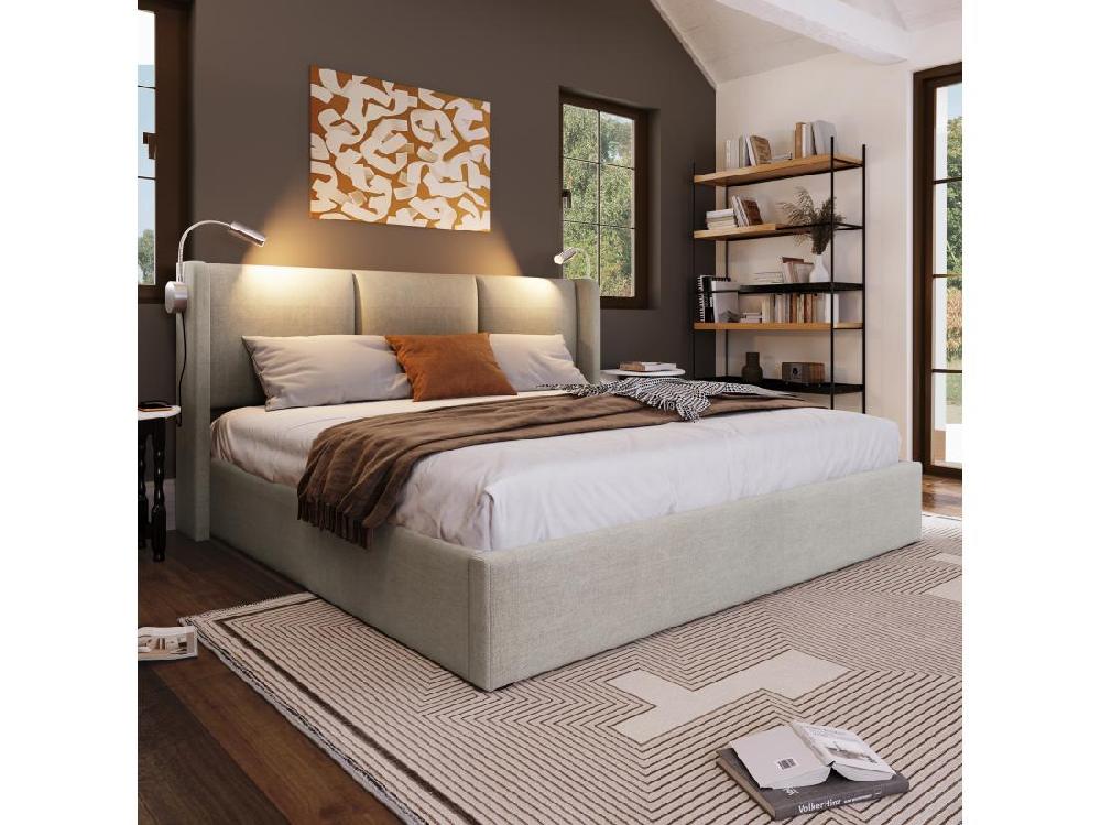 Vente Unique Lit Coffre 160x200cm En Lin - Avec Lampes De Lecture Et Ports De Charge USB - Avec Sommier à Lattes - Beige