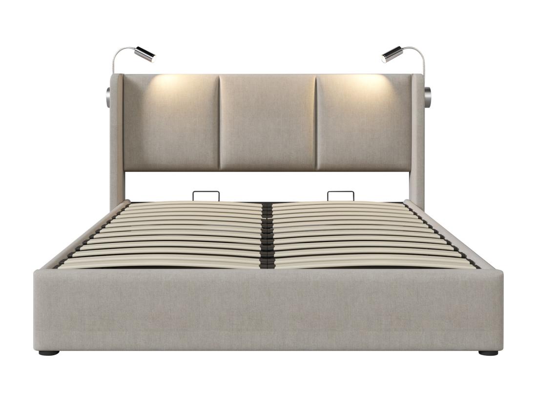 Vente Unique Lit Coffre 160x200cm En Lin - Avec Lampes De Lecture Et Ports De Charge USB - Avec Sommier à Lattes - Beige