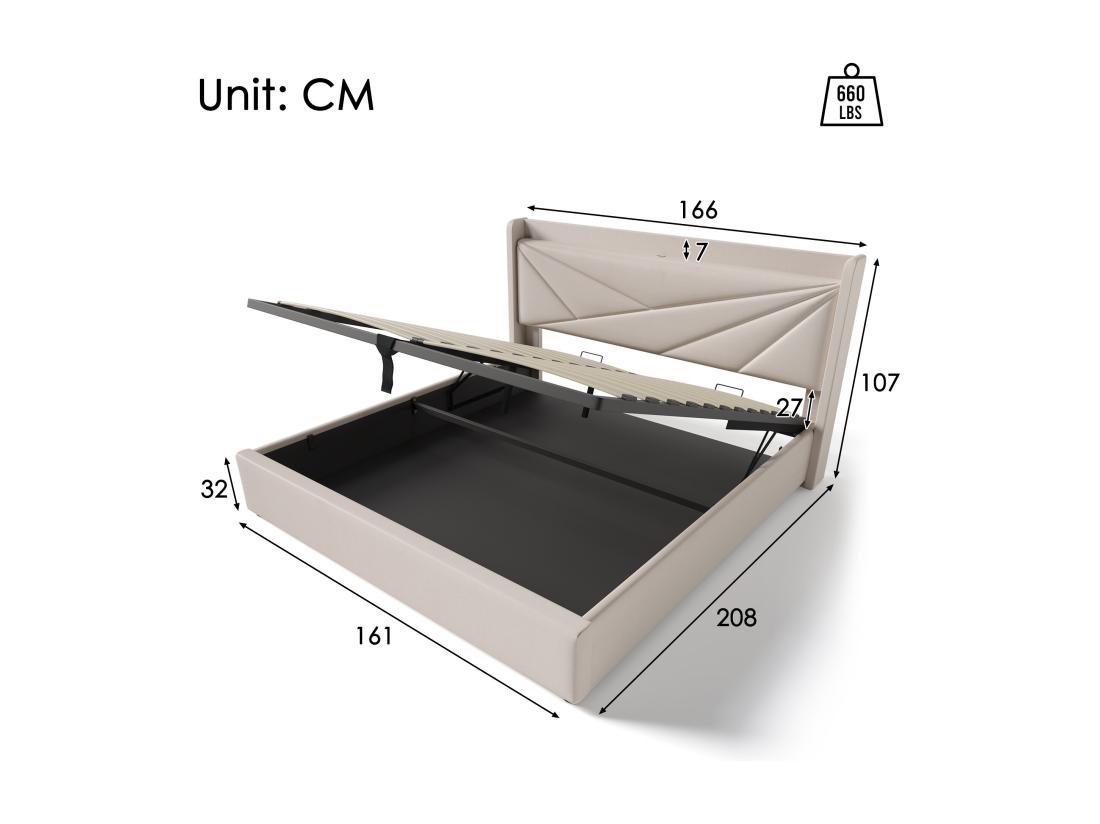 Vente Unique Lit Coffre 160x200cm Tissu En Lin - Avec Port USB Et Sommier à Lattes - Beige