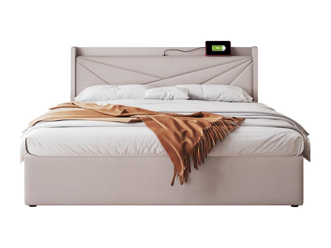 Vente Unique Lit Coffre 160x200cm Tissu En Lin - Avec Port USB Et Sommier à Lattes - Beige