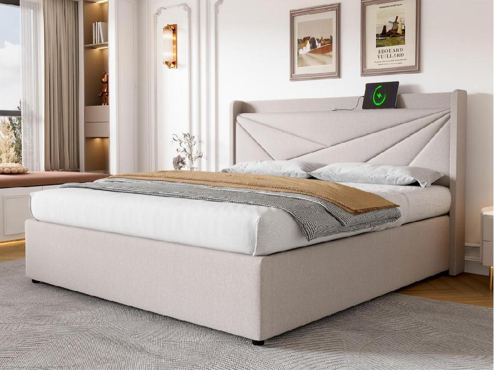 vente unique Lit coffre 160x200cm tissu en lin - avec port USB et sommier à lattes - Beige