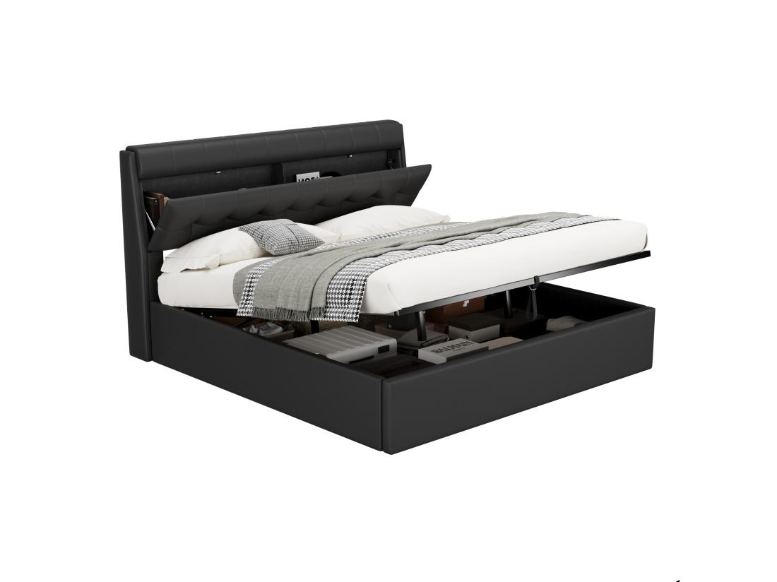 Vente Unique Lit Coffre 180x200 Cm - En Similicuir - Tête De Lit Avec Rangement - Noir