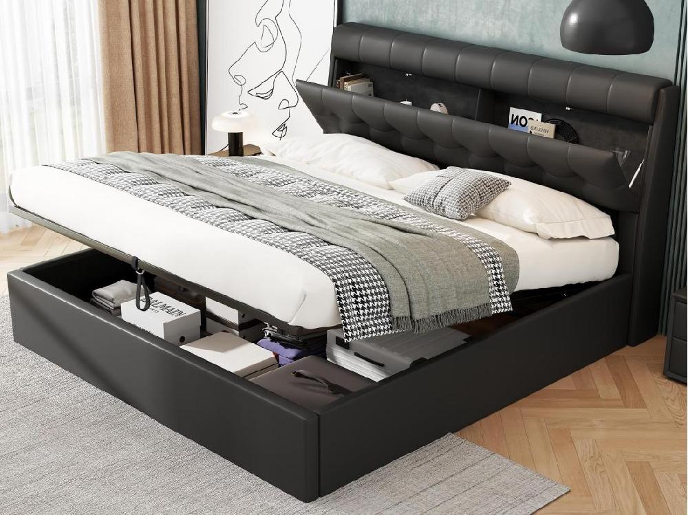 Vente Unique Lit Coffre 180x200 Cm - En Similicuir - Tête De Lit Avec Rangement - Noir