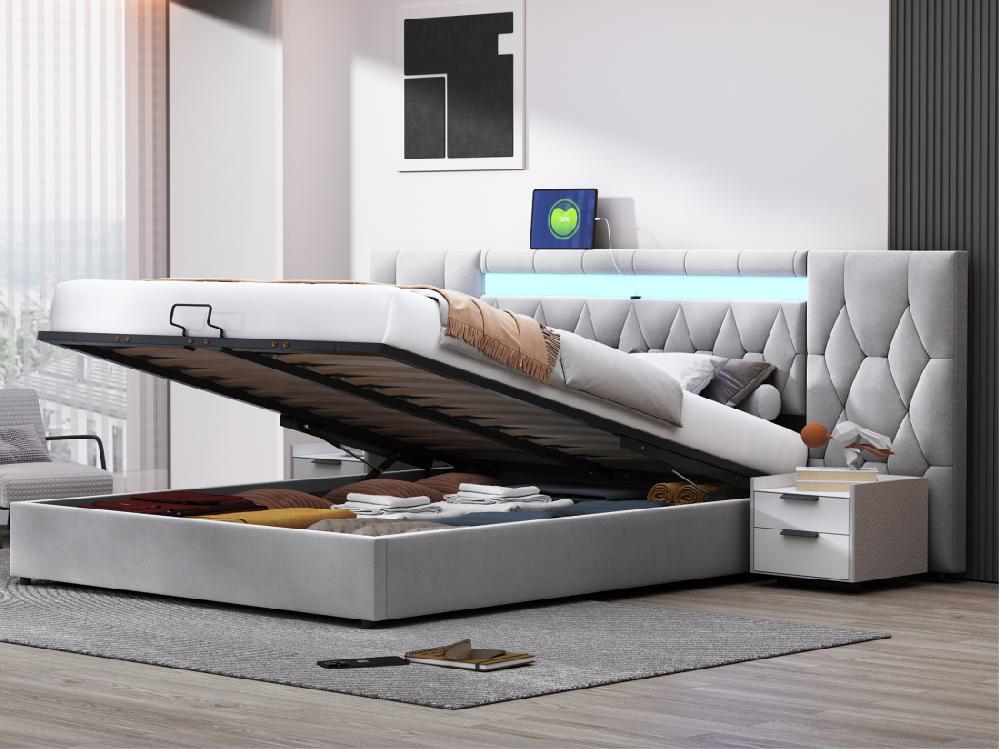 Vente Unique Lit Coffre 180x200 Cm En Velours - Avec LED Et Prise USB - Gris