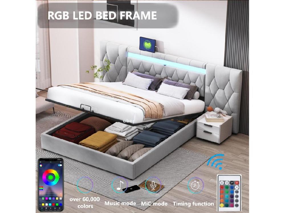 Vente Unique Lit Coffre 180x200 Cm En Velours - Avec LED Et Prise USB - Gris