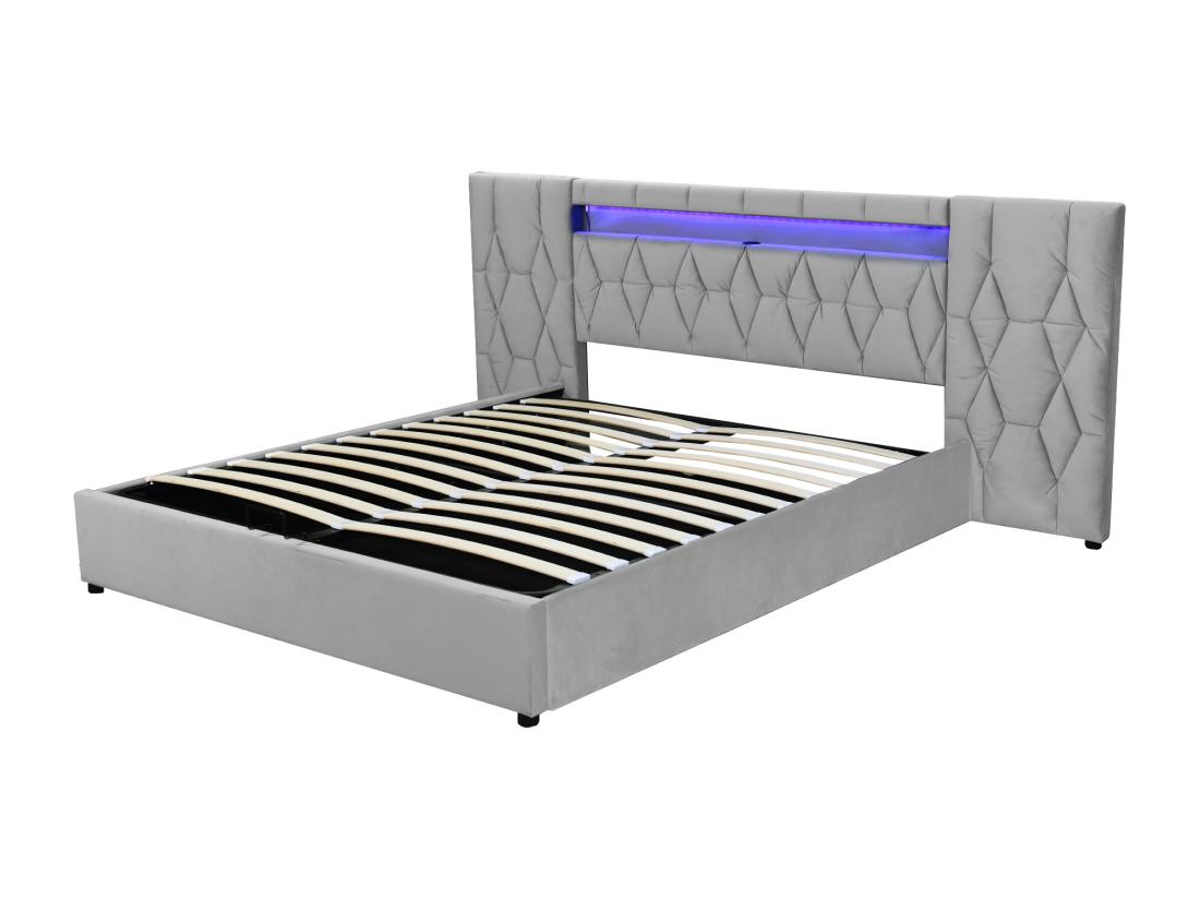 Vente Unique Lit Coffre 180x200 Cm En Velours - Avec LED Et Prise USB - Gris