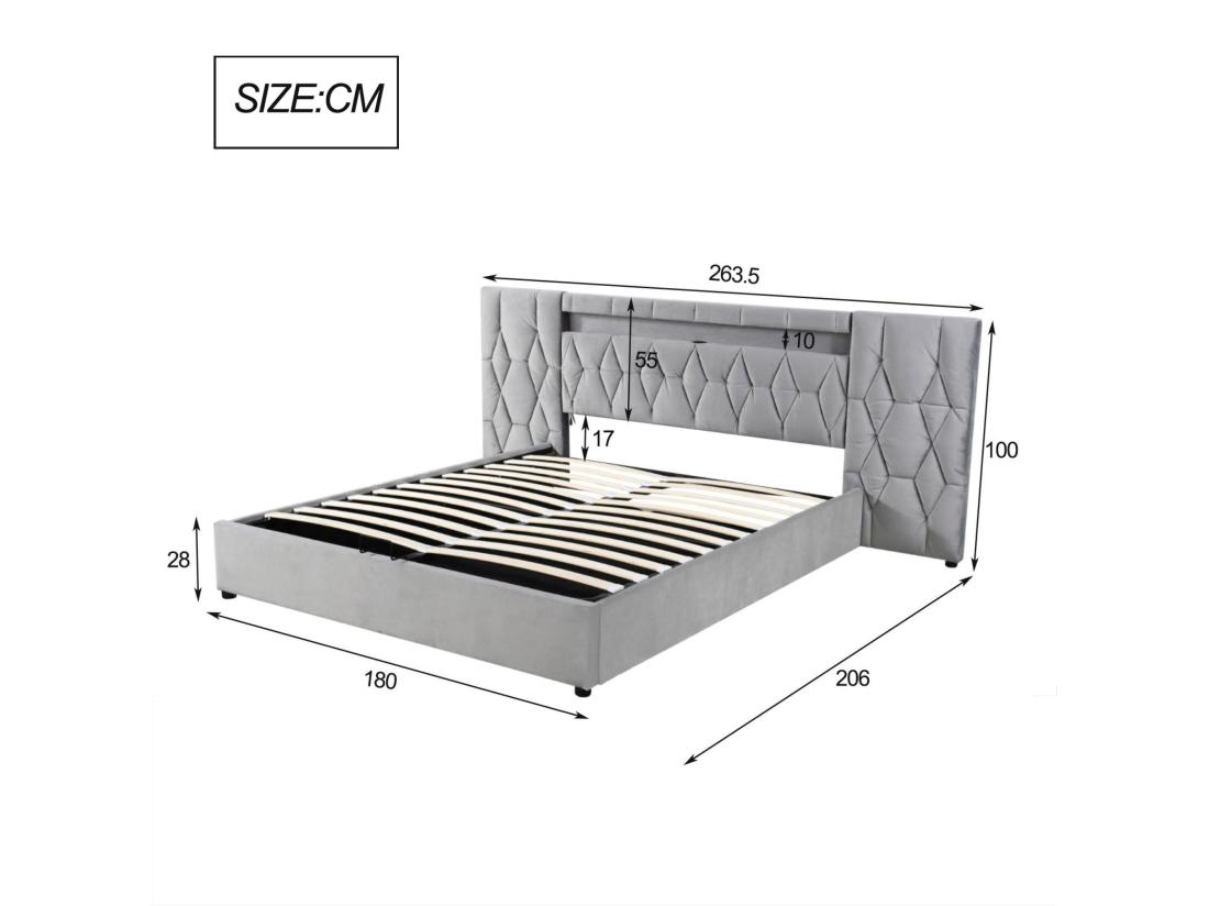 vente unique Lit coffre 180x200 cm en velours - avec LED et prise USB - Gris