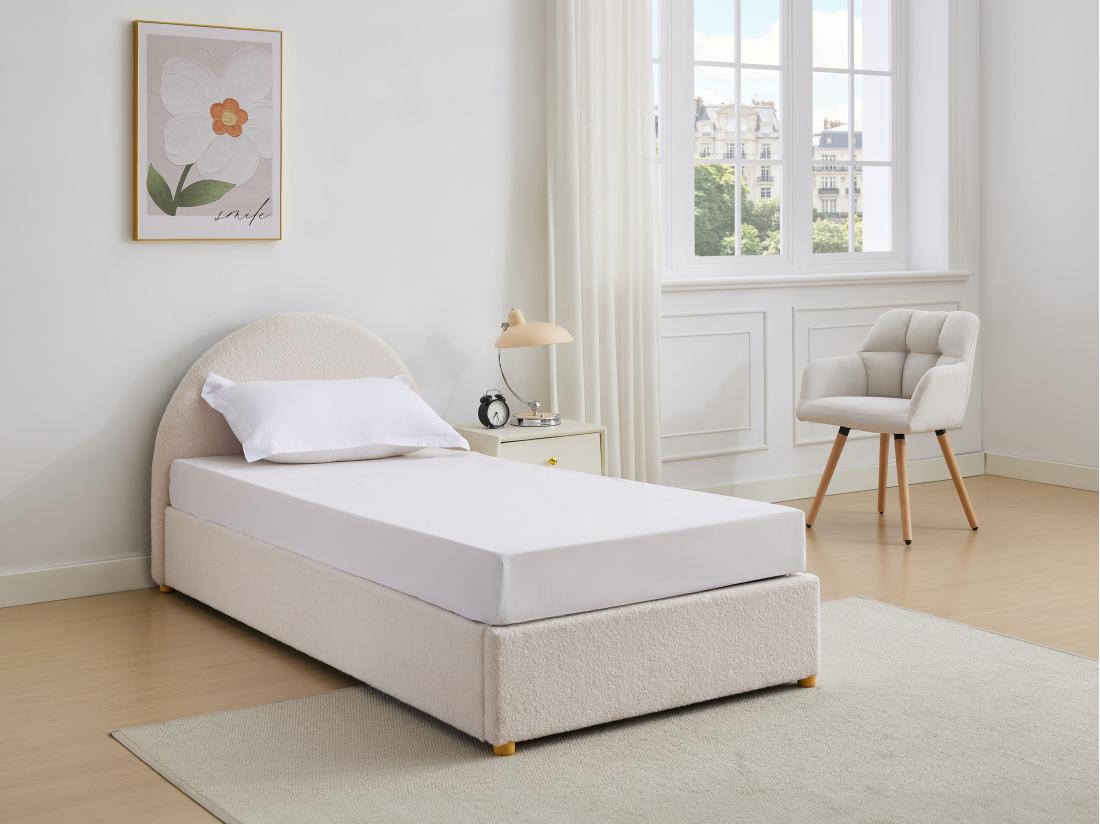 vente unique Lit coffre 90 x 190 cm - Tissu bouclette - Crème - LIRIMO