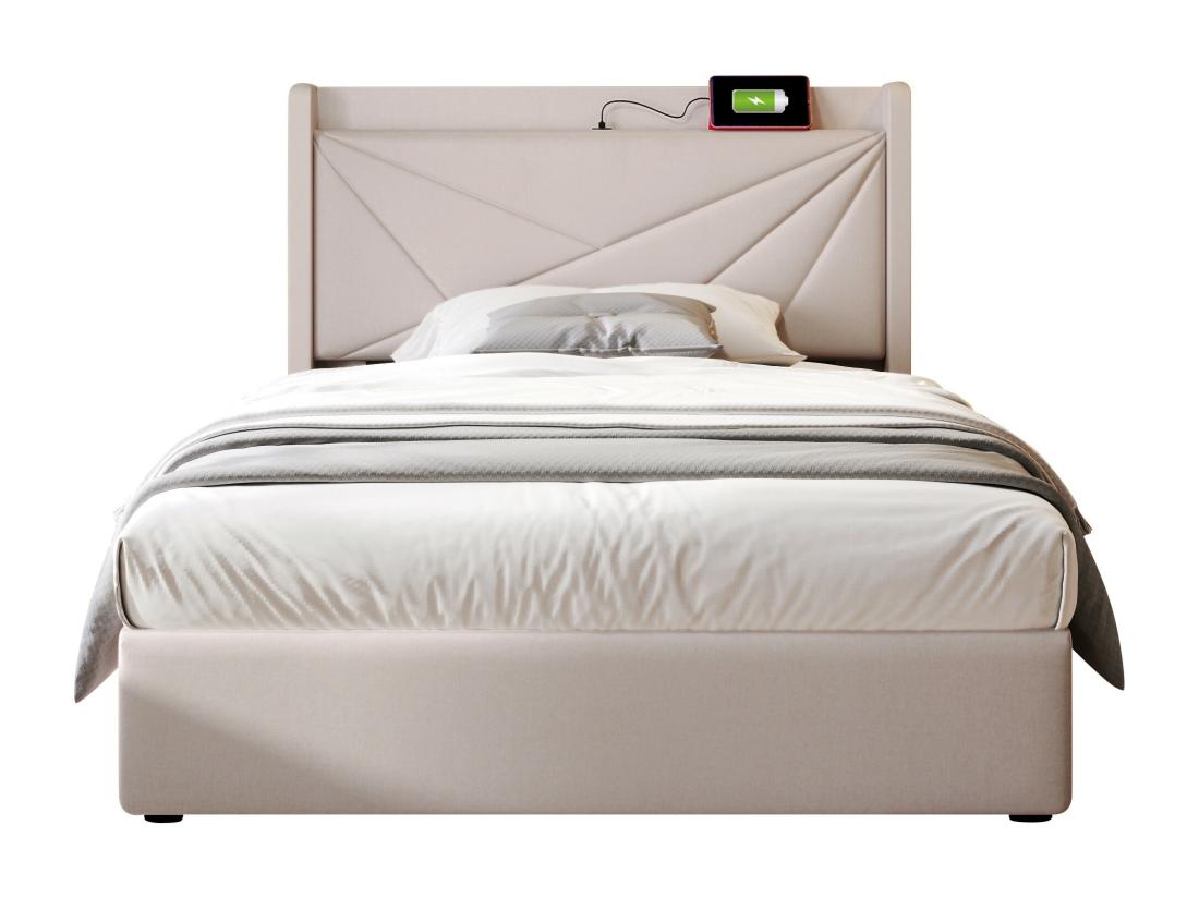 Vente Unique Lit Coffre 90x200cm Tissu En Lin - Avec Port USB Et Sommier à Lattes - Beige