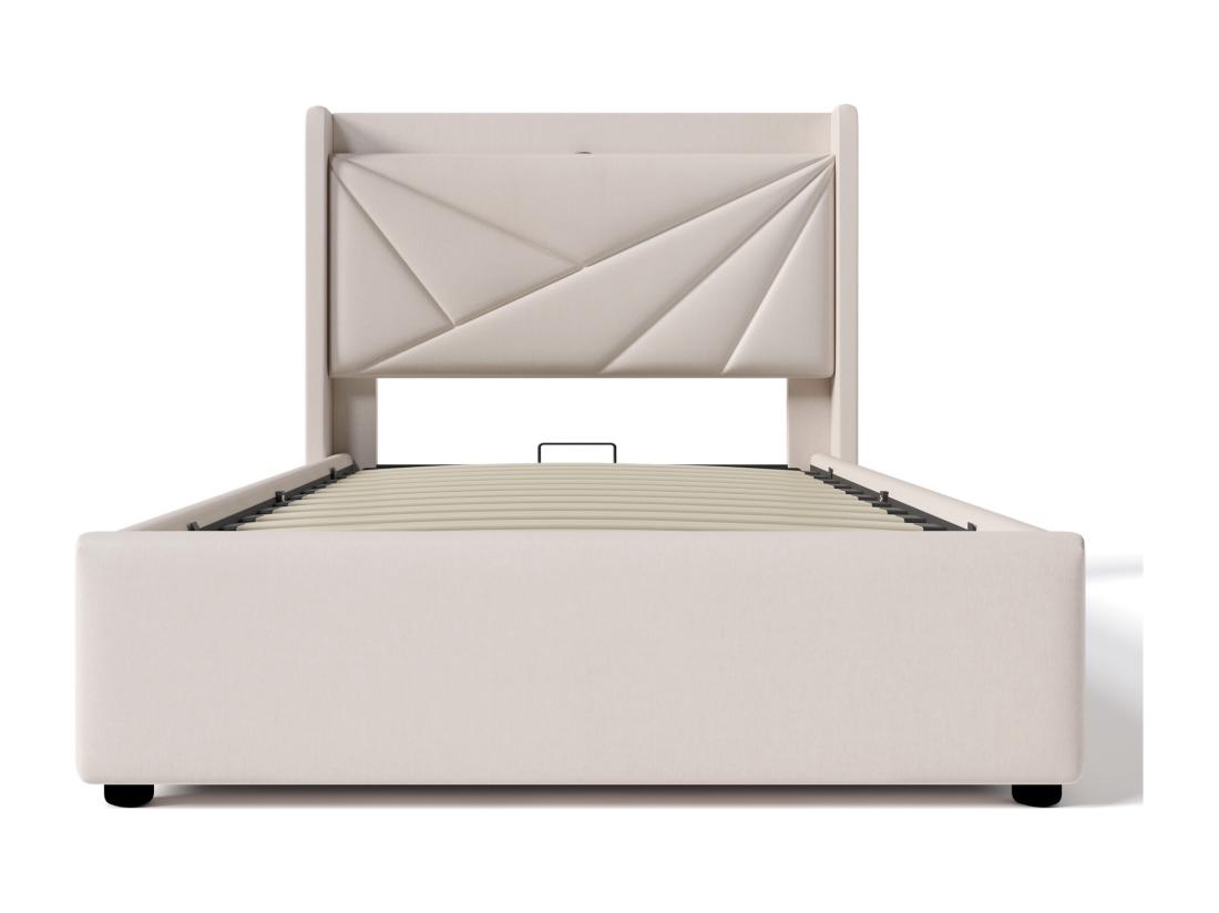 Vente Unique Lit Coffre 90x200cm Tissu En Lin - Avec Port USB Et Sommier à Lattes - Beige