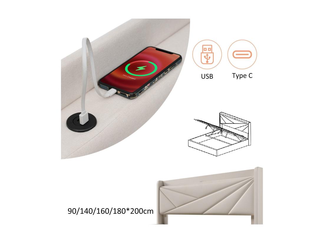 vente unique Lit coffre 90x200cm tissu en lin - avec port USB et sommier à lattes - Beige
