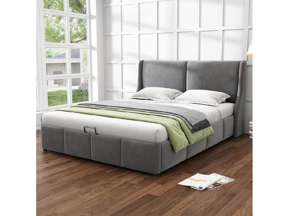 Vente Unique Lit Coffre Adulte 140x190 Cm En Velours Gris - Lit Rembourré Forme Oreille Avec Tête De Lit(sans Matelas)