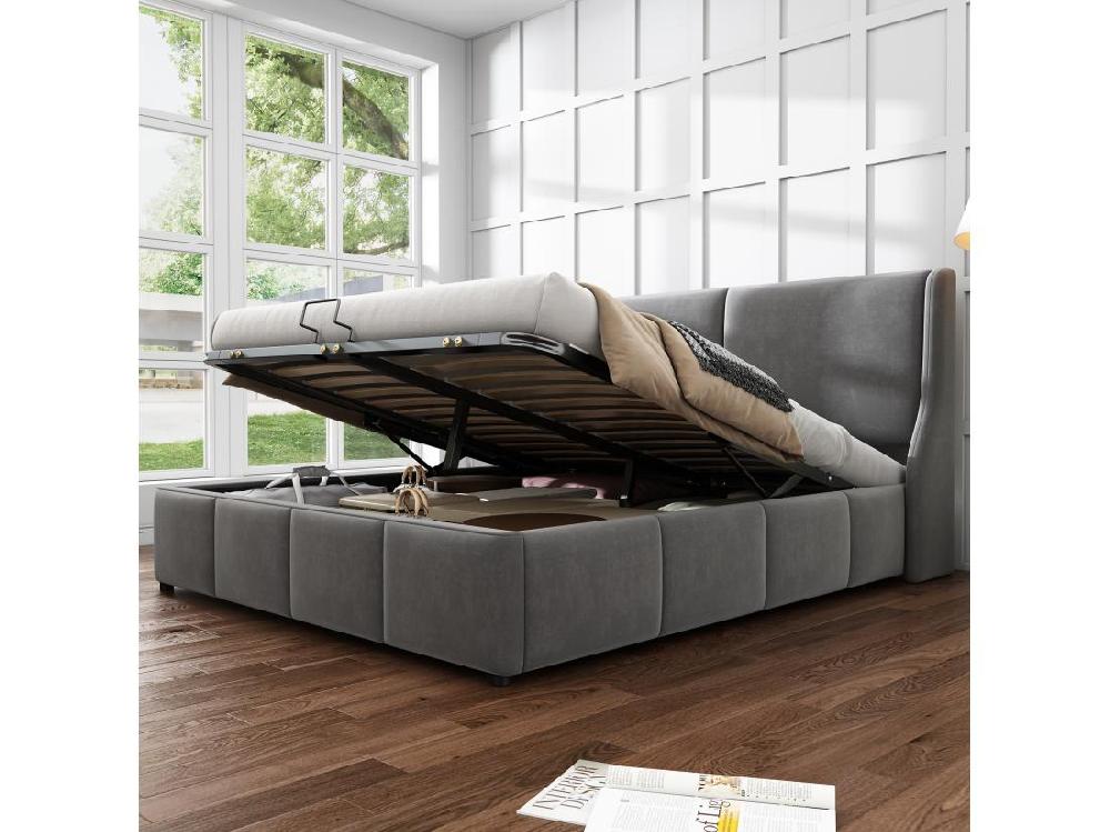 vente unique Lit coffre adulte 140x190 cm en velours gris - Lit rembourré forme oreille avec tête de lit(sans matelas)