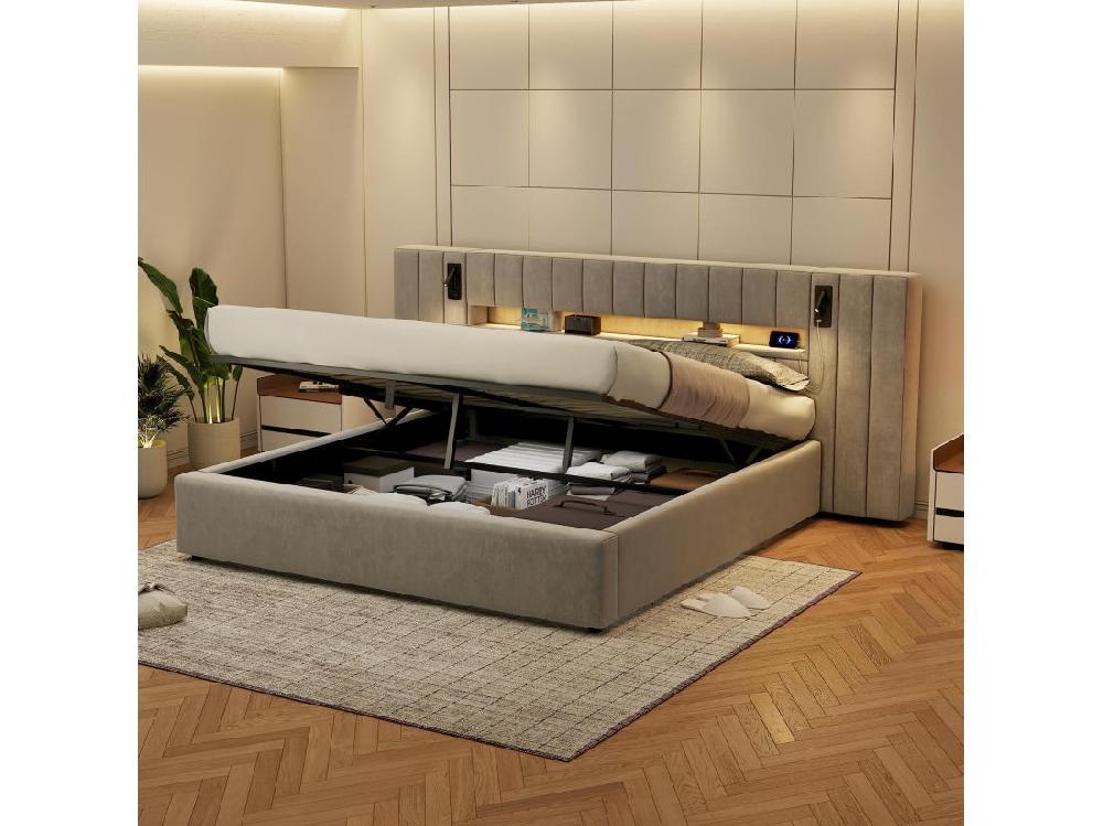 Vente Unique Lit Coffre Adulte 160x200 Cm Avec Port USB Et Lampe De Chevet - Velours Gris (sans Matelas)