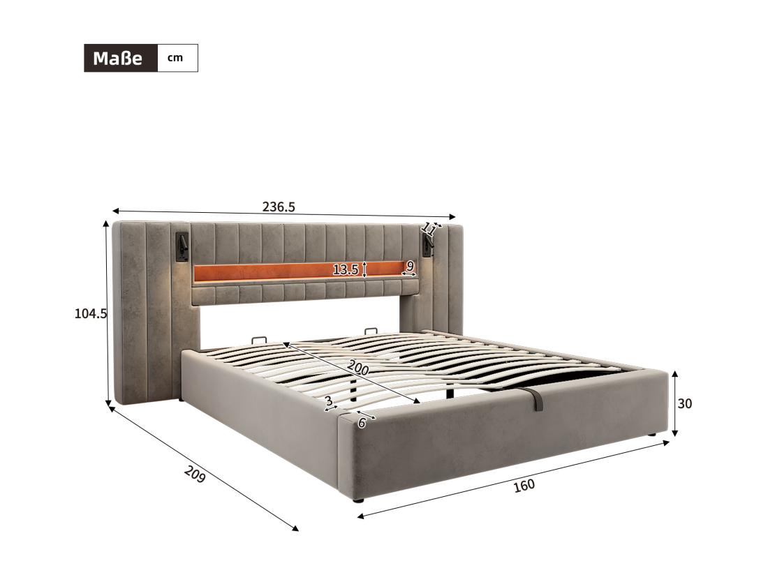 Vente Unique Lit Coffre Adulte 160x200 Cm Avec Port USB Et Lampe De Chevet - Velours Gris (sans Matelas)