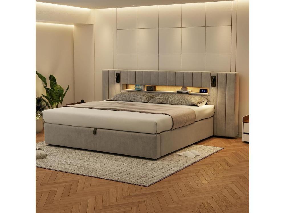 vente unique Lit coffre adulte 160x200 cm avec port USB et lampe de chevet - Velours gris (sans matelas)