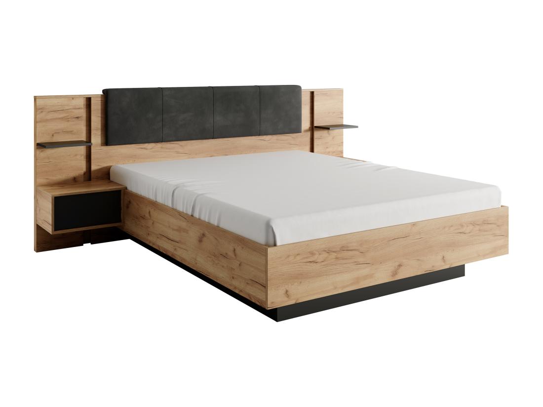 Vente Unique Lit Coffre Avec Chevets 140 X 190 Cm - Avec LEDs - Coloris : Naturel Et Anthracite - ELYNIA