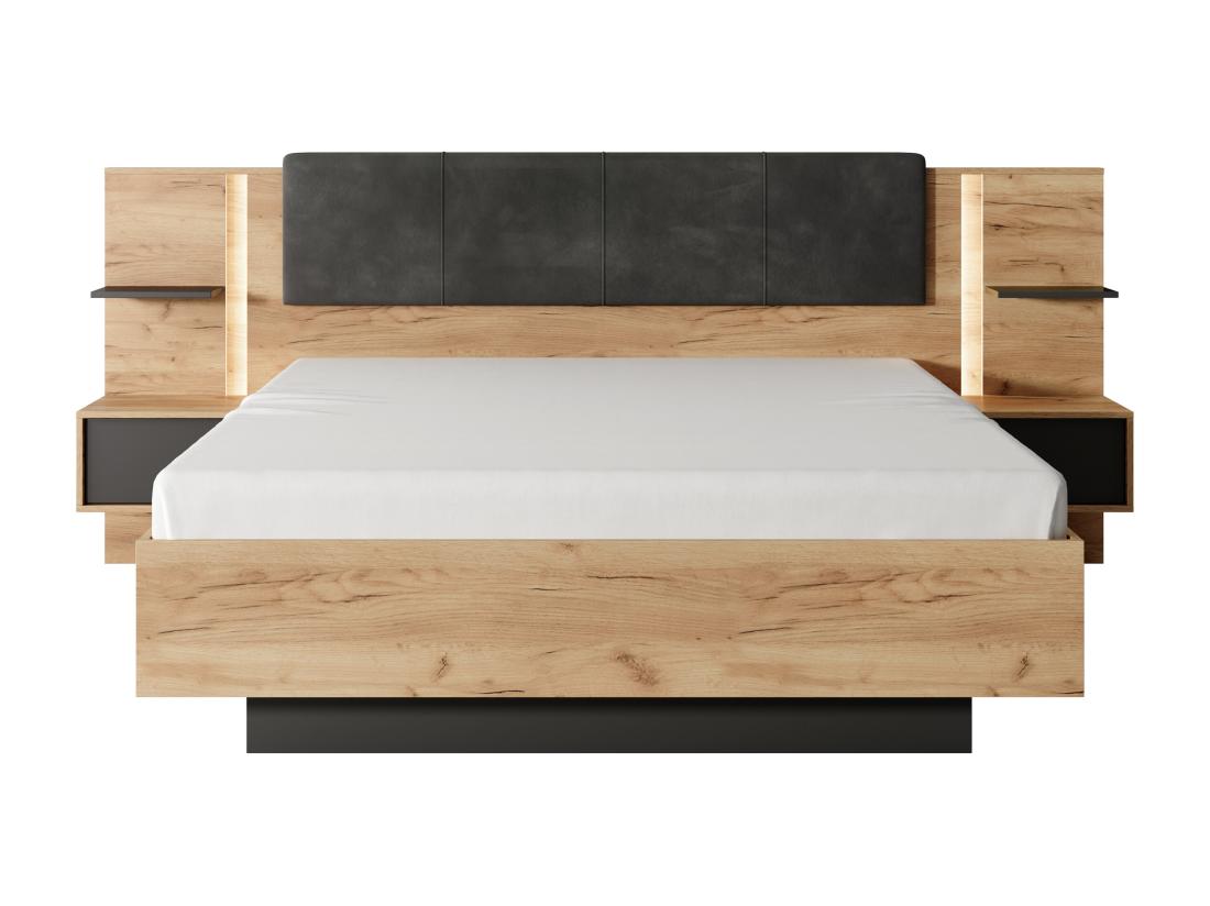 Vente Unique Lit Coffre Avec Chevets 140 X 190 Cm - Avec LEDs - Coloris : Naturel Et Anthracite - ELYNIA
