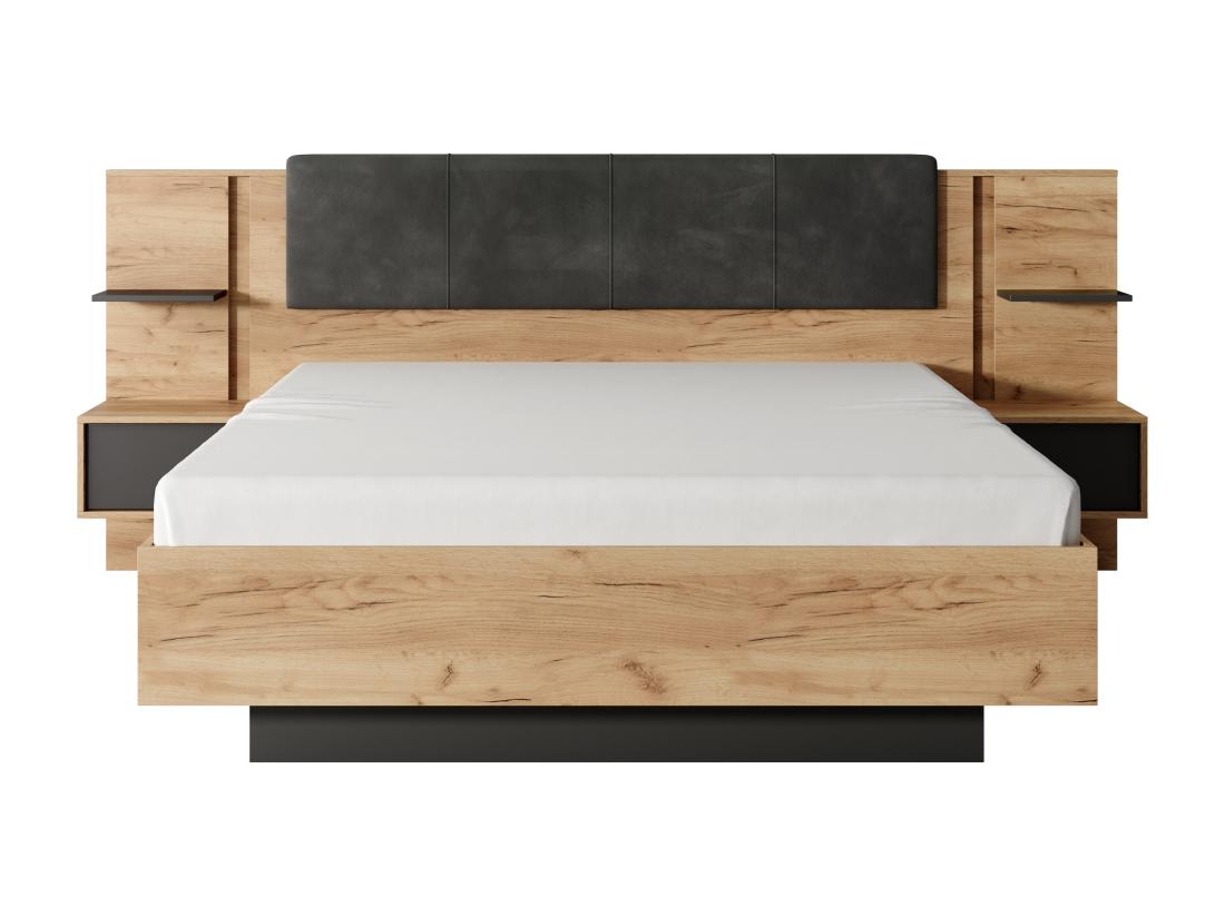 Vente Unique Lit Coffre Avec Chevets 140 X 190 Cm - Avec LEDs - Coloris : Naturel Et Anthracite - ELYNIA