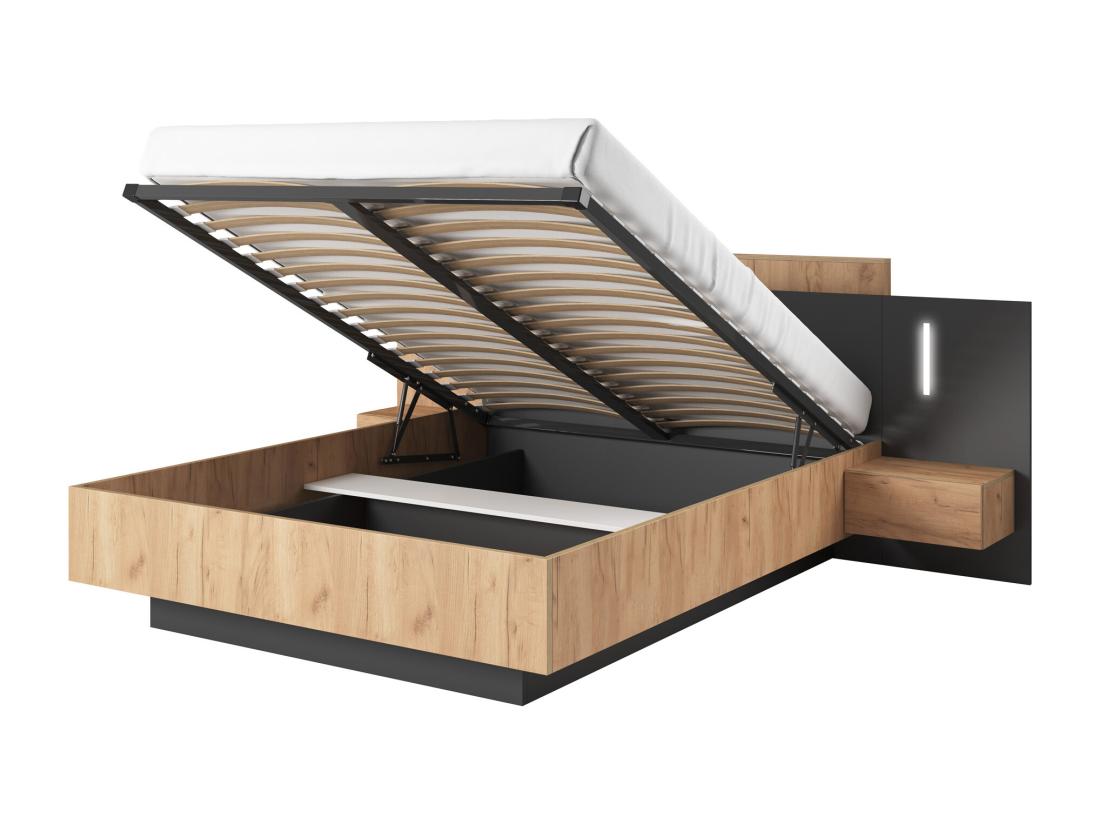 Vente Unique Lit Coffre Avec Chevets 160 X 200 Cm - 2 Tiroirs - Avec LEDs - Coloris : Naturel Et Anthracite - FRANCOLI