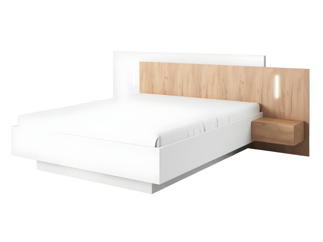Vente Unique Lit Coffre Avec Chevets 160 X 200 Cm - 2 Tiroirs - Avec LEDs - Coloris : Blanc Et Naturel - FRANCOLI