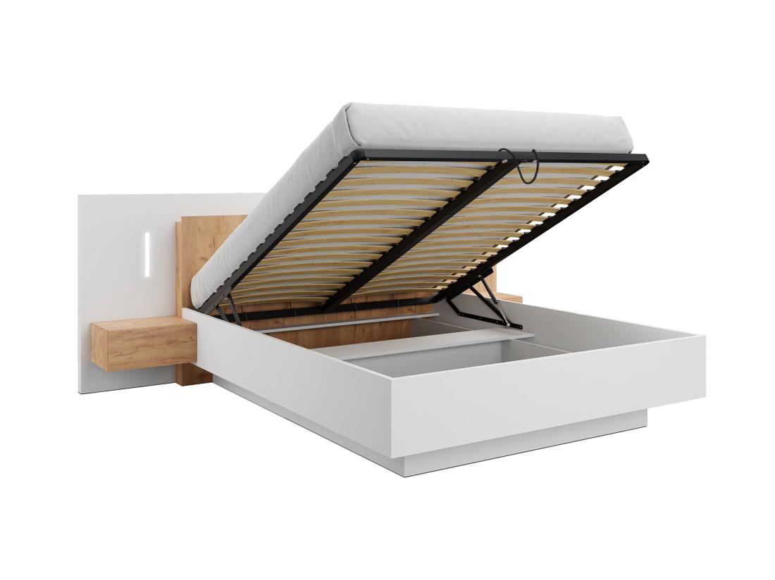 Vente Unique Lit Coffre Avec Chevets 160 X 200 Cm - 2 Tiroirs - Avec LEDs - Coloris : Blanc Et Naturel - FRANCOLI