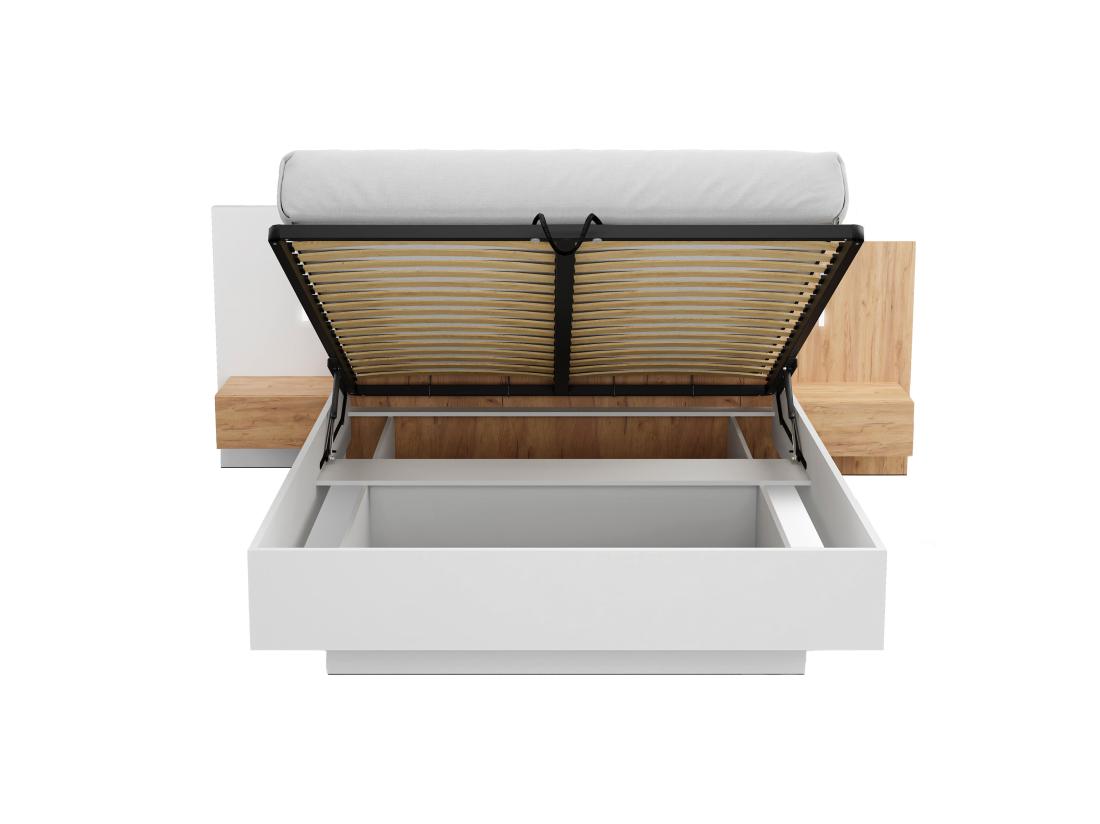 Vente Unique Lit Coffre Avec Chevets 160 X 200 Cm - 2 Tiroirs - Avec LEDs - Coloris : Blanc Et Naturel - FRANCOLI