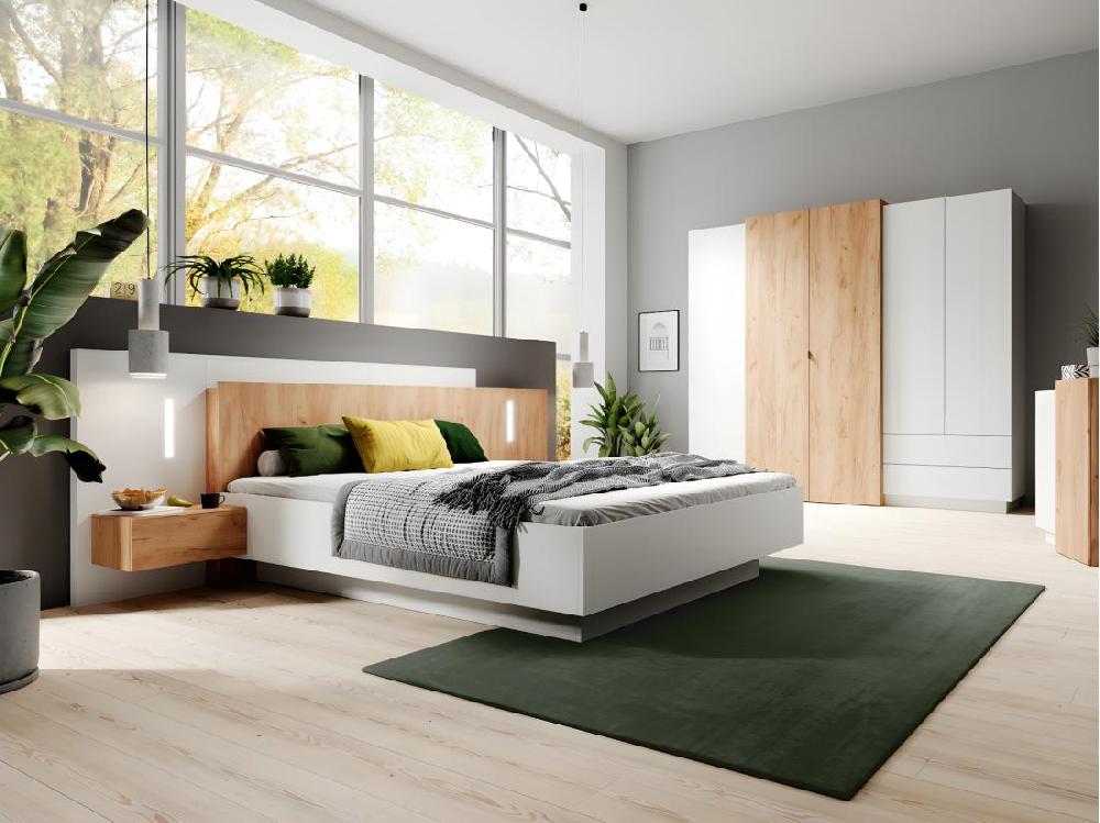 vente unique Lit coffre avec chevets 160 x 200 cm - 2 tiroirs - Avec LEDs - Coloris : Blanc et naturel - FRANCOLI