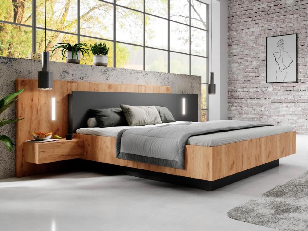 vente unique Lit coffre avec chevets 160 x 200 cm - 2 tiroirs - Avec LEDs - Coloris : Naturel et anthracite - FRANCOLI