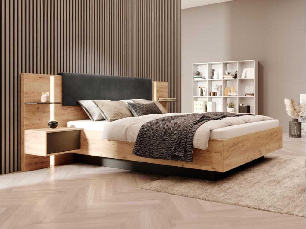 Vente Unique Lit Coffre Avec Chevets 160 X 200 Cm - Avec LEDs - Coloris : Naturel Et Anthracite - ELYNIA