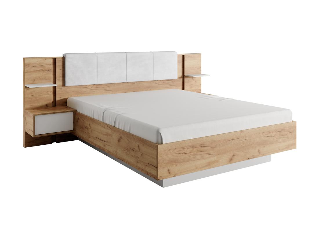 Vente Unique Lit Coffre Avec Chevets 160 X 200 Cm - Avec LEDs - Coloris : Naturel Et Blanc - ELYNIA