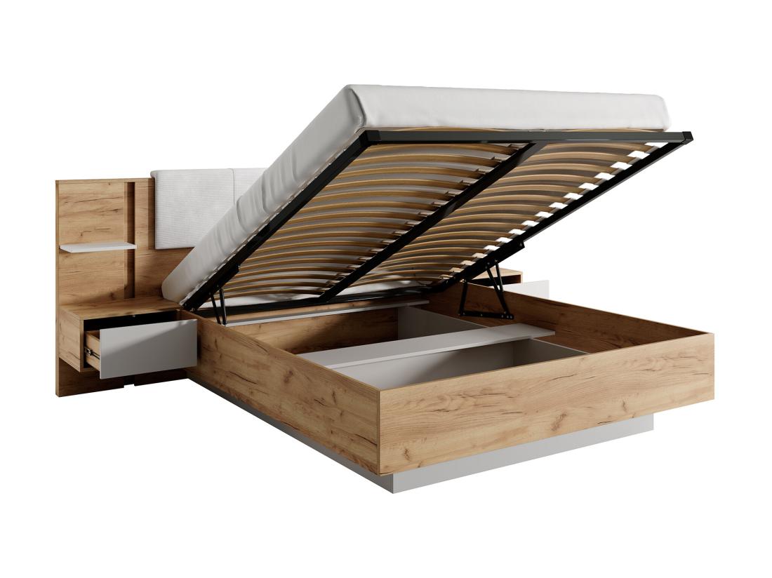 Vente Unique Lit Coffre Avec Chevets 160 X 200 Cm - Avec LEDs - Coloris : Naturel Et Blanc - ELYNIA