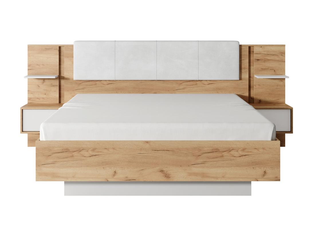 Vente Unique Lit Coffre Avec Chevets 160 X 200 Cm - Avec LEDs - Coloris : Naturel Et Blanc - ELYNIA