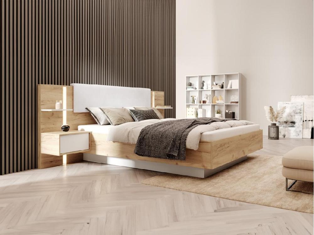 vente unique Lit coffre avec chevets 160 x 200 cm - Avec LEDs - Coloris : Naturel et blanc - ELYNIA