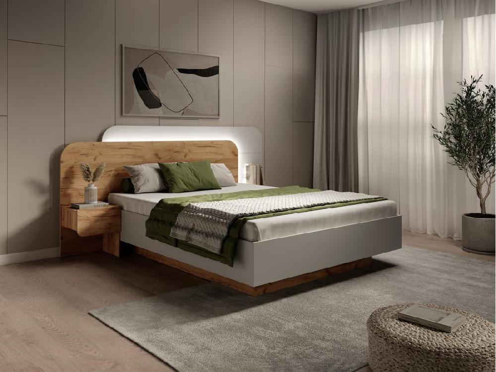 Vente Unique Lit Coffre Avec Chevets 160 X 200 Cm - Avec LEDs - Coloris : Naturel Et Blanc - DESADO