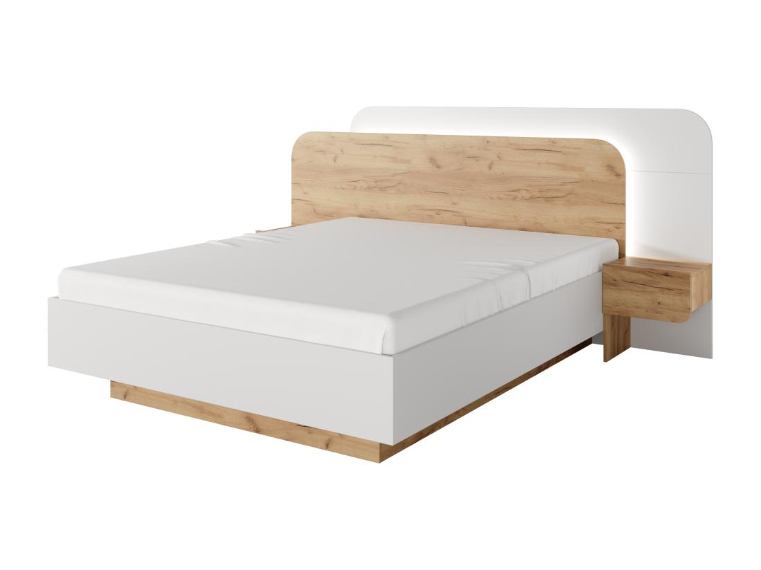 Vente Unique Lit Coffre Avec Chevets 160 X 200 Cm - Avec LEDs - Coloris : Naturel Et Blanc - DESADO