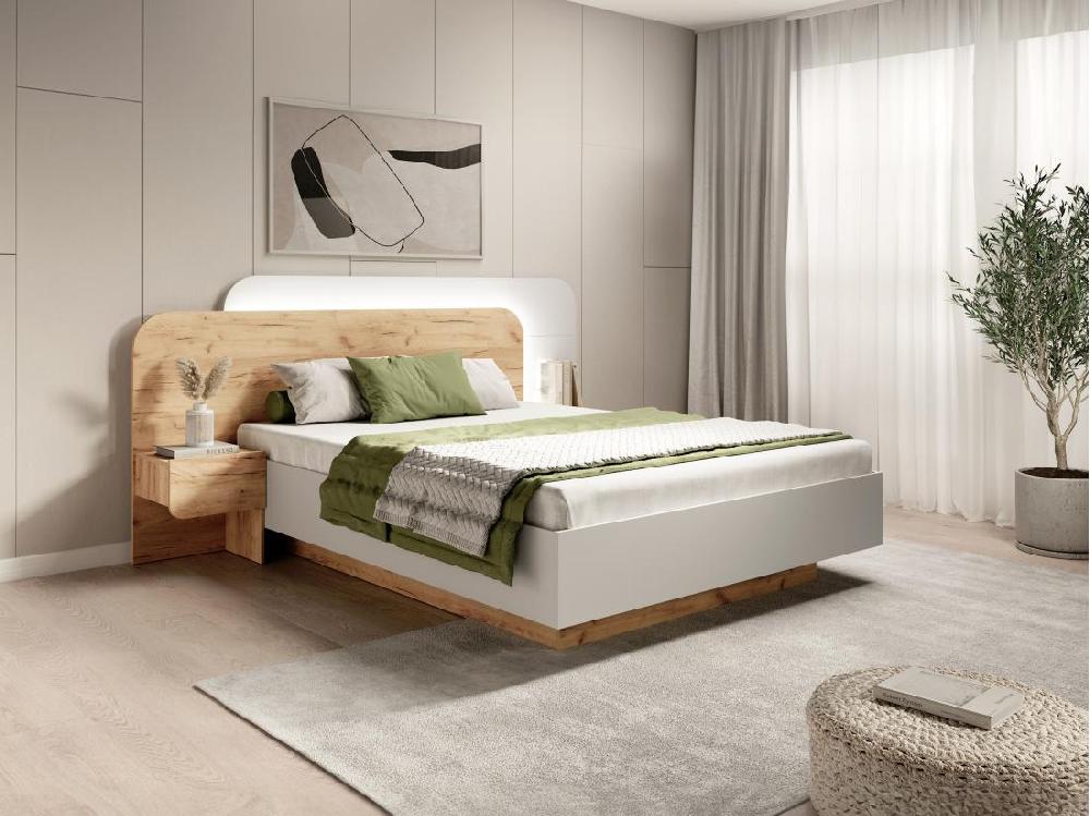 vente unique Lit coffre avec chevets 160 x 200 cm - Avec LEDs - Coloris : Naturel et blanc - DESADO
