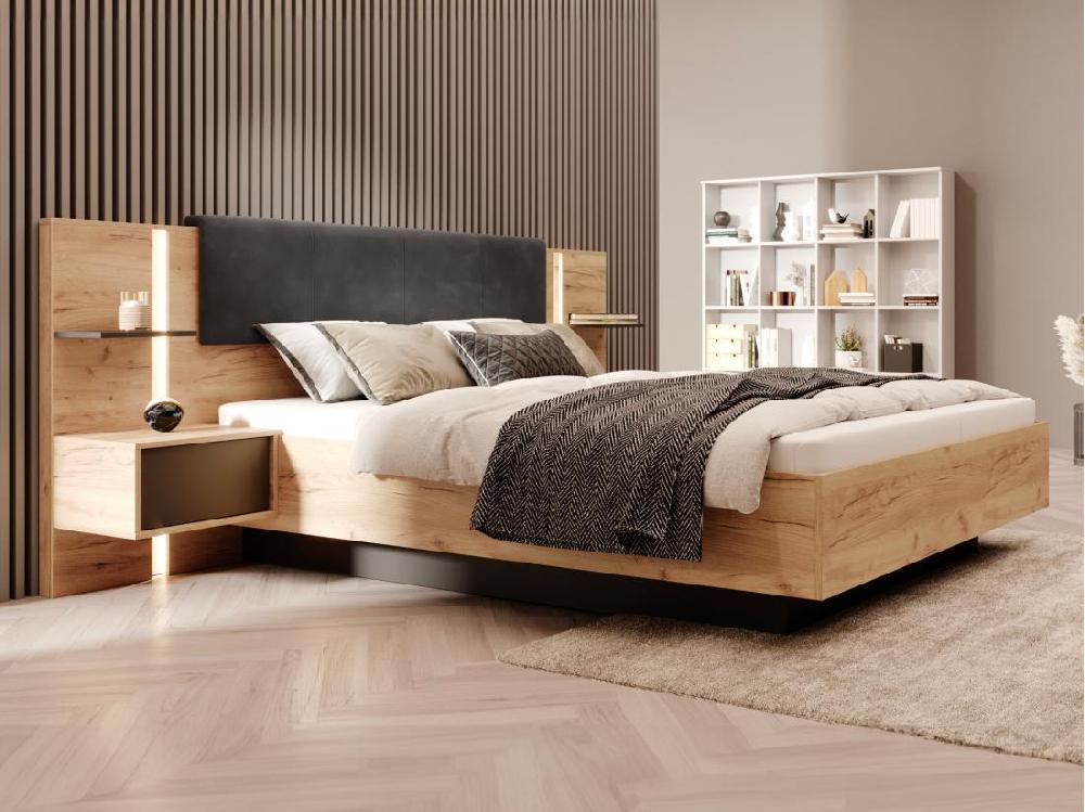Vente Unique Lit Coffre Avec Chevets 160 X 200 Cm - Avec LEDs - Coloris : Naturel Et Anthracite - ELYNIA