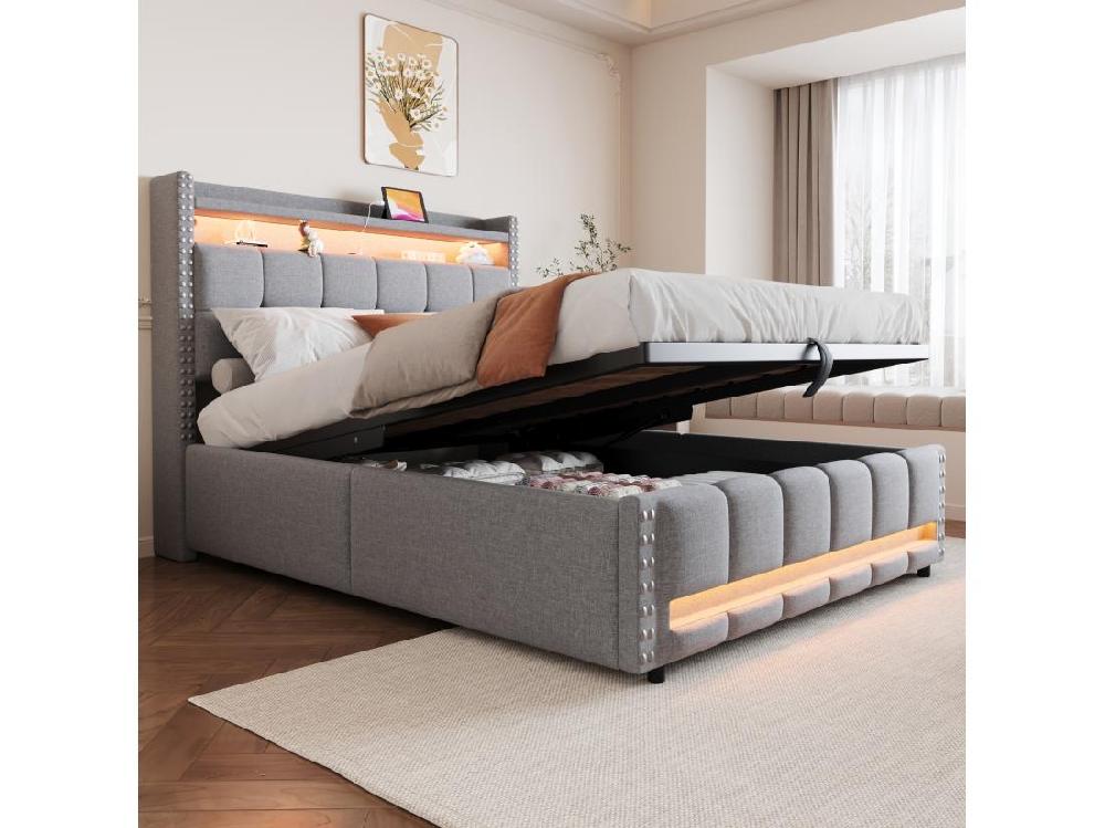 Vente Unique Lit Coffre Capitonné 140x200cm - Avec éclairage LED + Prise USB - Avec étagères - Lin - Gris (matelas Non Inclus)