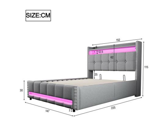 Vente Unique Lit Coffre Capitonné 140x200cm - Avec éclairage LED + Prise USB - Avec étagères - Lin - Gris (matelas Non Inclus)