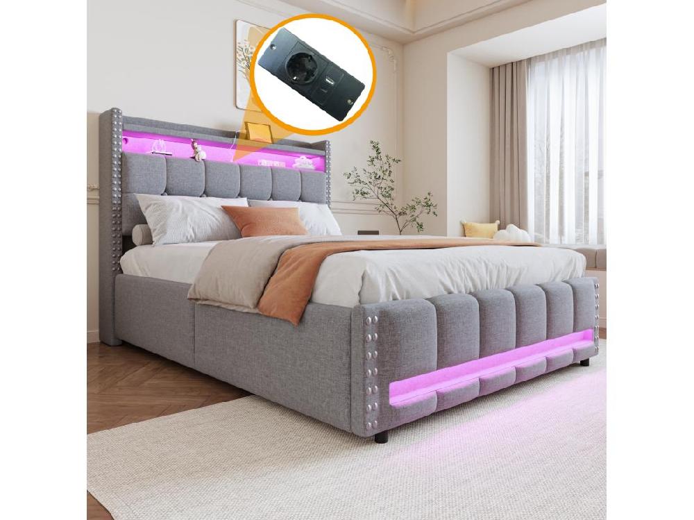 Vente Unique Lit Coffre Capitonné 140x200cm - Avec éclairage LED + Prise USB - Avec étagères - Lin - Gris (matelas Non Inclus)