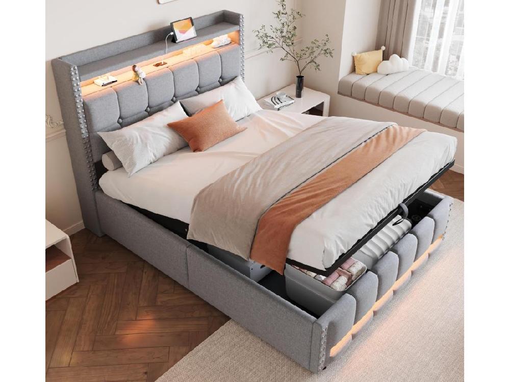 vente unique Lit coffre capitonné 140x200cm - avec éclairage LED + prise USB - avec étagères - lin - gris (matelas non inclus)