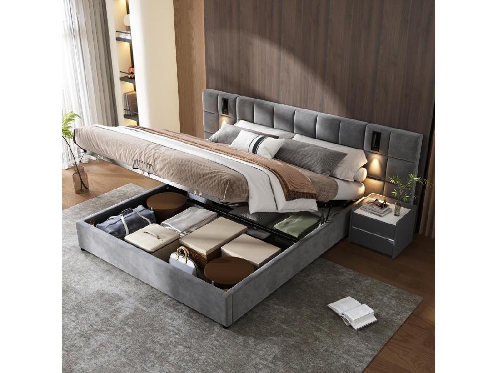 Vente Unique Lit Coffre En Velours - 160x200cm - Avec LED Et Port De Recharge - Gris(table De Chevet Non Compris)