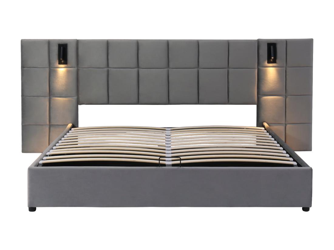 Vente Unique Lit Coffre En Velours - 160x200cm - Avec LED Et Port De Recharge - Gris(table De Chevet Non Compris)